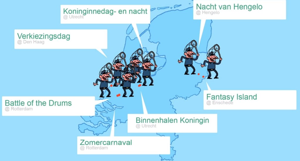 Getekende kaart van Nederland met cartoonagenten met vlindernetjes bij evenementen zoals Koninginnedag- en nacht in Utrecht, Verkiezingsdag in Den Haag, Battle of the Drums en Zomercarnaval in Rotterdam, Nacht van Hengelo en Fantasy Island in Enschede.