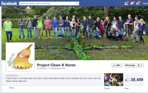 Schermafbeelding van de Facebookpagina Project Clean-X Haren met een groepsfoto van vrijwilligers met bezems op een grasveld en een bezem als profielafbeelding, met 28.409 likes.