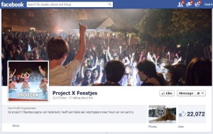 Schermafbeelding van de Facebookpagina Project X Feestjes met een omslagfoto van een feestende menigte en 22.072 likes.