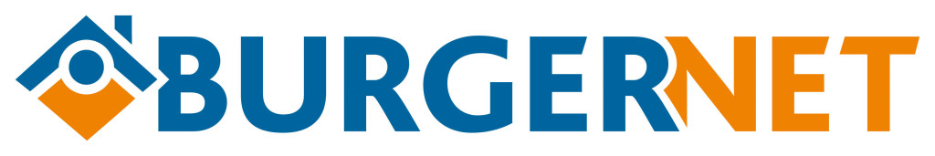 Logo van Burgernet: het woord “BURGER” in blauw en “NET” in oranje, met links een huisje met een rond oog.