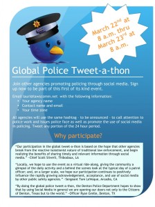 Flyer van de Global Police Tweet-a-thon van 22 maart 8 uur tot 23 maart 8 uur, met een oproep aan korpsen om zich aan te melden en citaten van politiemensen onder het kopje “Why participate?”.