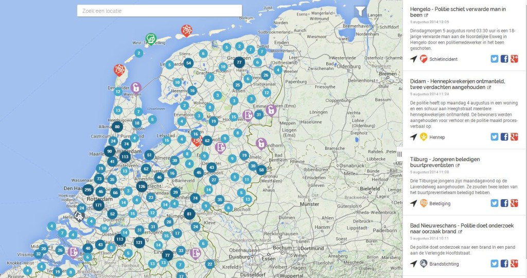 Schermafbeelding van Crimikaart.nl: een kaart van Nederland met blauwe bolletjes met aantallen incidenten en losse pictogrammen, naast een lijst met politieberichten van 5 augustus 2014, zoals een schietincident in Hengelo en ontmantelde hennepkwekerijen in Didam.