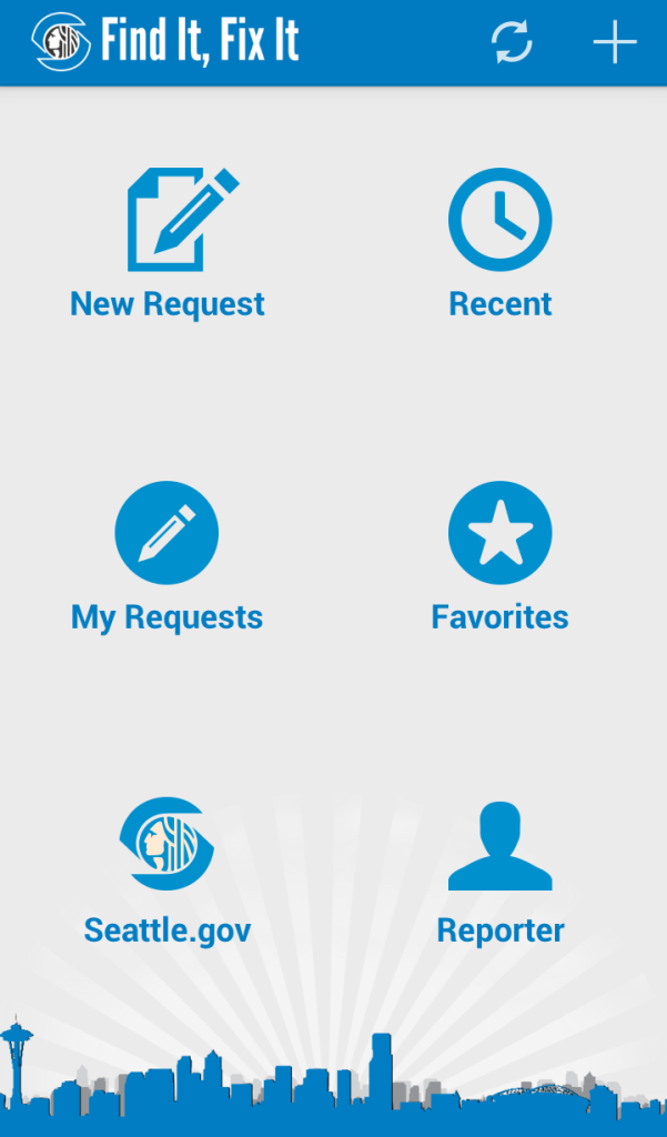 Startscherm van de app Find It, Fix It met blauwe knoppen voor New Request, Recent, My Requests, Favorites, Seattle.gov en Reporter, boven een silhouet van de skyline van Seattle.
