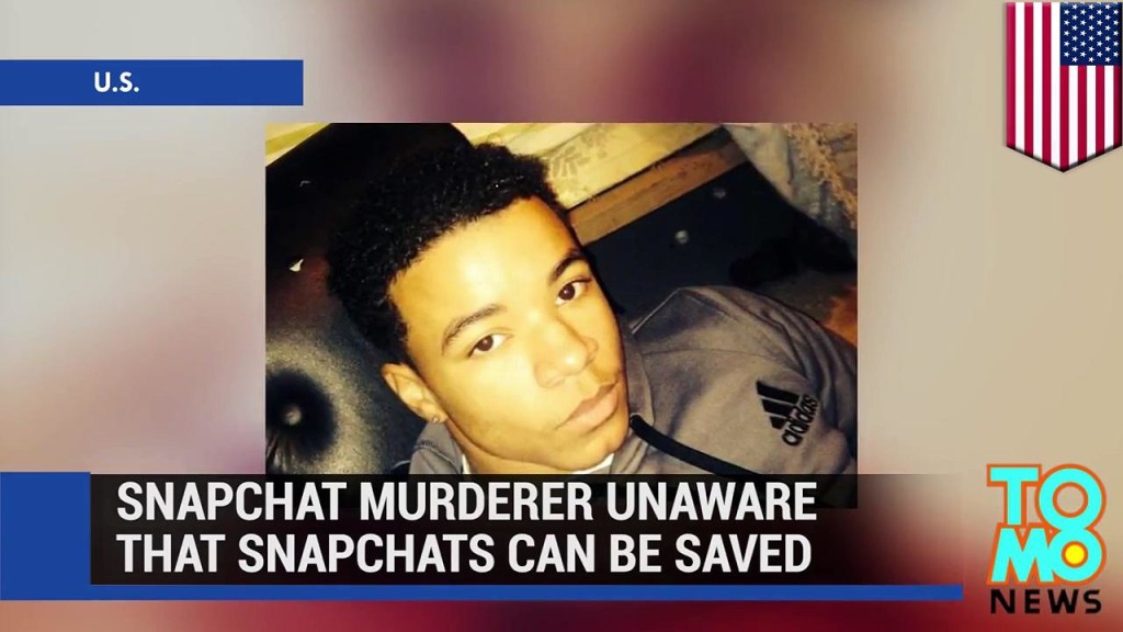 Beeld uit een nieuwsvideo van TOMO News met een foto van een jongeman en de tekst “Snapchat murderer unaware that Snapchats can be saved”.