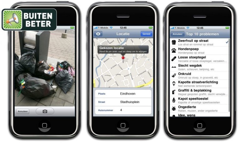 Drie iPhones met de app BuitenBeter: een foto van vuilniszakken naast een container, een kaart met de gekozen locatie Stadhuisplein 4 in Eindhoven, en een lijst “Top 10 problemen” met onder meer zwerfvuil, hondenpoep en losse stoeptegels.