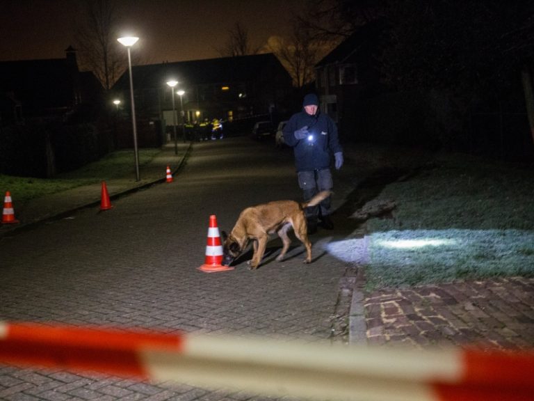 Nachtelijke foto van een afgezette straat met pionnen en rood-wit lint, waar een man met een zaklamp een speurhond volgt en op de achtergrond agenten in reflecterende jassen staan.