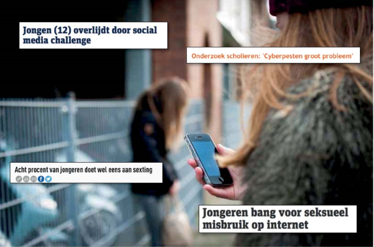 Foto van een meisje met een smartphone, met op de achtergrond een ander meisje bij een hek, met daaroverheen krantenkoppen als “Jongen (12) overlijdt door social media challenge”, “Acht procent van jongeren doet wel eens aan sexting” en “Jongeren bang voor seksueel misbruik op internet”.