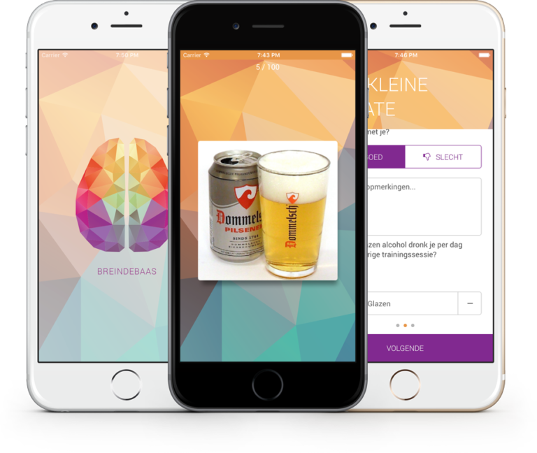 Drie smartphones met schermen van de app Breindebaas: een kleurrijk brein met de appnaam, een trainingsscherm (5 / 100) met een blikje en glas Dommelsch-bier, en een vragenlijst over het aantal glazen alcohol per dag.