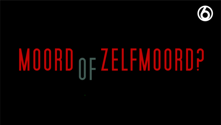 Titelbeeld van het programma “Moord of zelfmoord?” in rode en grijze letters op een zwarte achtergrond, met rechtsboven het logo van SBS6.