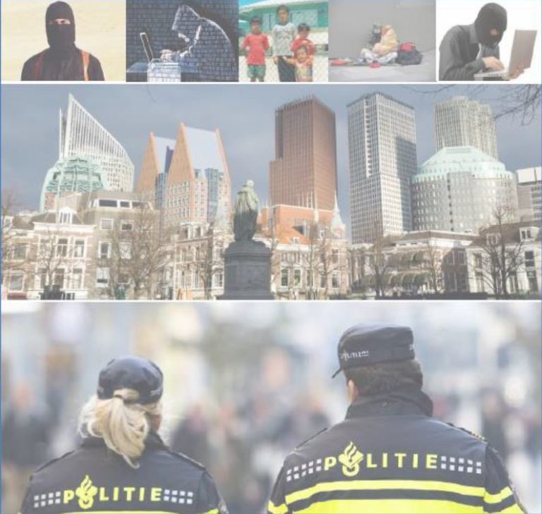 Omslag van het rapport met bovenaan vijf kleine foto’s, onder meer een gemaskerde man, een hacker in een capuchontrui en spelende kinderen, in het midden een stadsgezicht met hoogbouw en een standbeeld, en onderaan twee agenten in uniform van achteren gezien.