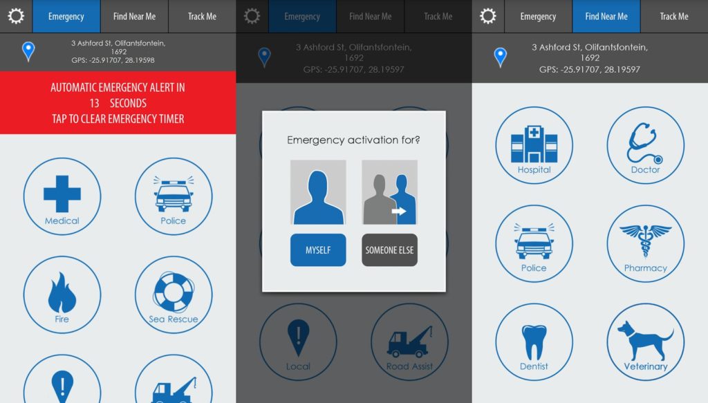 Drie schermen van de app MySOS: knoppen voor onder meer medische hulp, politie, brandweer en zeereddingen met een aftellende automatische noodmelding, een keuze tussen hulp voor jezelf of een ander, en een zoekscherm voor ziekenhuis, arts, apotheek, tandarts en dierenarts.