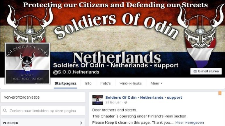 Schermafbeelding van de Facebookpagina “Soldiers Of Odin - Netherlands - support”, met een banner in de Nederlandse kleuren, Vikinghelmen en de tekst “Protecting our Citizens and Defending our Streets”.