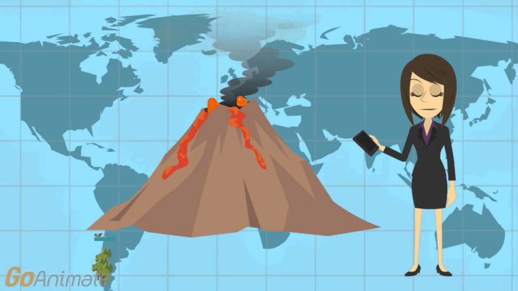 Animatiebeeld uit een uitlegvideo: een uitbarstende vulkaan op een wereldkaart, met rechts een getekende vrouw in mantelpak die een smartphone vasthoudt.