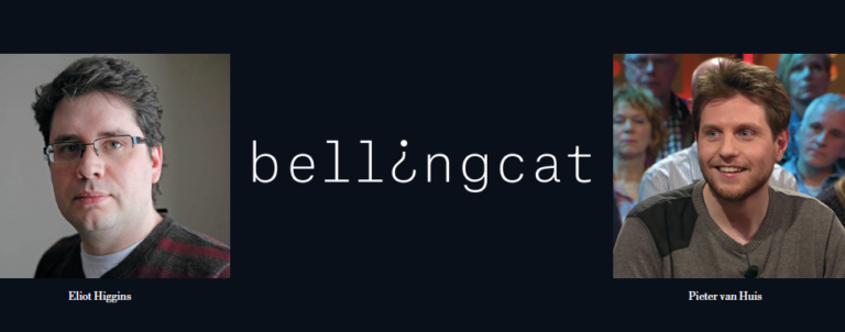 Het logo van Bellingcat tussen portretfoto’s van Eliot Higgins links en Pieter van Huis rechts, met hun namen eronder.