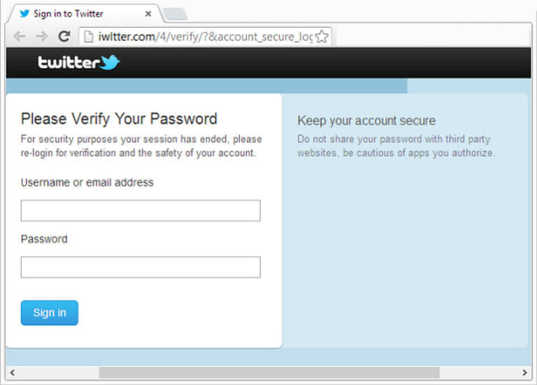 Schermafbeelding van een nagemaakte inlogpagina van Twitter op het adres iwltter.com, die vraagt het wachtwoord opnieuw in te voeren, als voorbeeld van phishing.