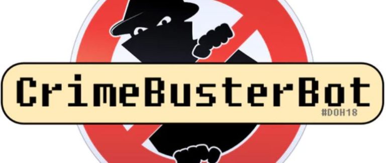 Logo van CrimeBusterBot: een getekende boef met hoed en masker in een rood verbodsbord, met de naam in pixelletters en de hashtag #DOH18.