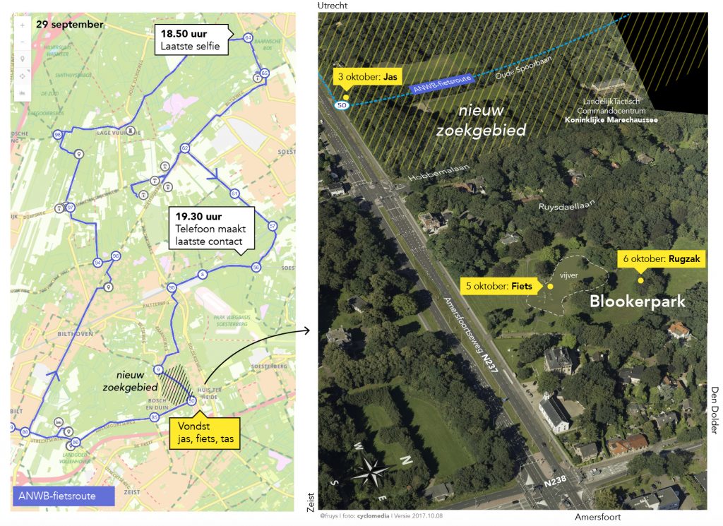 Reconstructiekaart van de vermissing: links de ANWB-fietsroute op 29 september met de laatste selfie om 18.50 uur en het laatste telefooncontact om 19.30 uur, rechts een luchtfoto van Huis ter Heide met de vindplaatsen van jas, fiets en rugzak bij het Blookerpark.