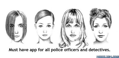Vier getekende vrouwengezichten met verschillende kapsels, met eronder de tekst “Must have app for all police officers and detectives.”