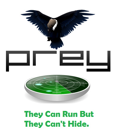 Logo van de app Prey: een donkere roofvogel boven het woord “prey” en een groen radarscherm, met de tekst “They Can Run But They Can’t Hide.”