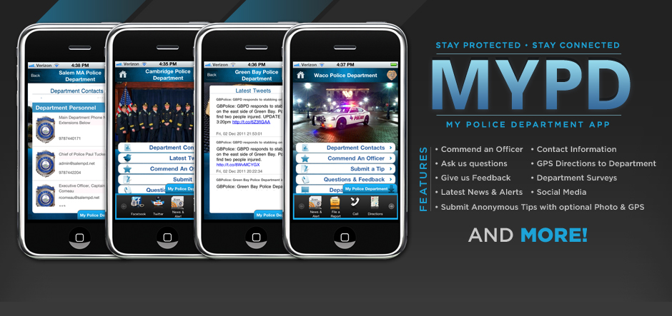 Hetzelfde promotiebeeld van de MyPD-app: vier iPhones met politie-apps en een lijst functies onder de slogan “Stay protected, stay connected”.