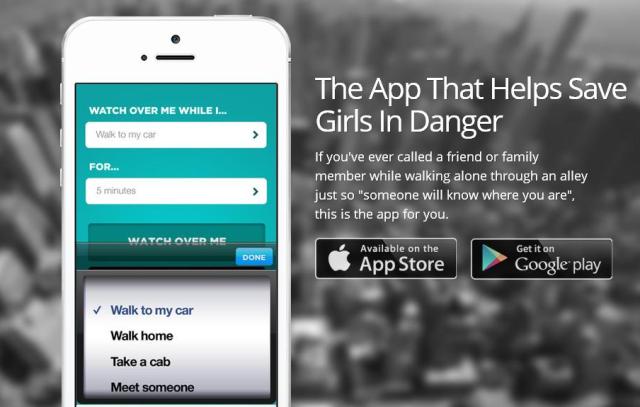 Promotiebeeld van Watch Over Me met een iPhone waarop je kiest waarvoor en hoe lang de app over je waakt, zoals “Walk to my car” voor 5 minuten, naast de tekst “The App That Helps Save Girls In Danger” en knoppen voor de App Store en Google Play.