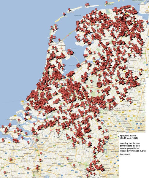 Google-kaart van Nederland vol rode markeringen met de tekst “#projectX Haren (21-22 sept. 2012), mapping van de ruim 5000 tweets die een exacte geografische locatie bevatten (ca 1,2 %), door: @harro”.