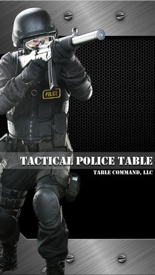 Startscherm van de app Tactical Police Table van Table Command, LLC, met een zwaarbewapende politieagent in tactische uitrusting die een geweer richt.