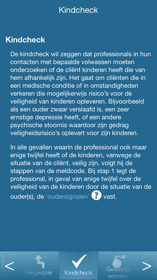 Scherm “Kindcheck” van de Meldcode app met uitleg dat professionals bij volwassen cliënten moeten nagaan of er afhankelijke kinderen zijn die risico lopen, bijvoorbeeld door verslaving of psychische problemen van een ouder.