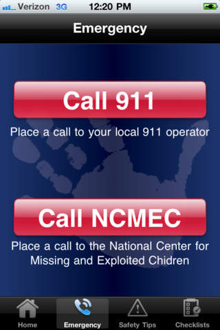 Noodscherm van de app “FBI Child ID” met twee rode knoppen: “Call 911” en “Call NCMEC”, voor het National Center for Missing and Exploited Children.