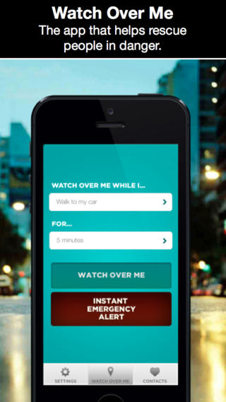 Promotiebeeld van de app Watch Over Me, “The app that helps rescue people in danger”. Op een iPhone kies je een activiteit en tijdsduur, met knoppen “Watch over me” en “Instant emergency alert”.