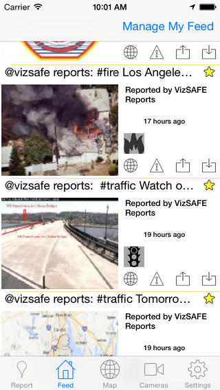 Schermafbeelding van de feed in de VizSAFE-app met meldingen van “@vizsafe reports”, waaronder een foto van een brandend huis in Los Angeles en een verkeersbeeld van een brug.