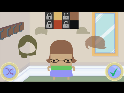 Schermafbeelding van de game Appy Student waarin je een figuurtje met bril een kapsel en kleur geeft.