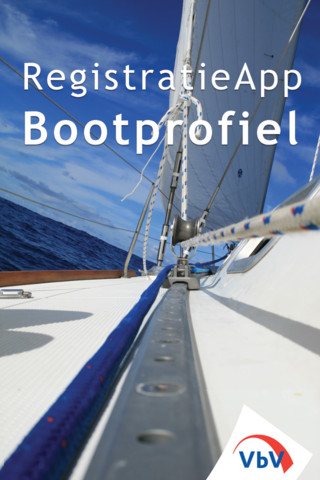 Startscherm van de “RegistratieApp Bootprofiel” met een foto van het dek van een zeilboot op zee en het logo van VbV.