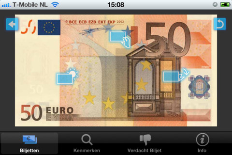 Schermafbeelding van de app EuroBiljet met een biljet van 50 euro en aanwijzingen voor echtheidskenmerken, met onderaan de tabbladen Biljetten, Kenmerken, Verdacht Biljet en Info.