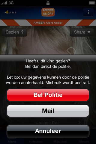 Schermafdruk van de AMBER Alert-app met de vraag ‘Heeft u dit kind gezien? Bel dan direct de politie.’ en de knoppen Bel Politie, Mail en Annuleer.