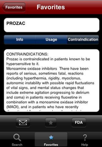 Schermafbeelding van een geneesmiddelenapp met informatie over het middel Prozac, geopend op het tabblad met contra-indicaties.