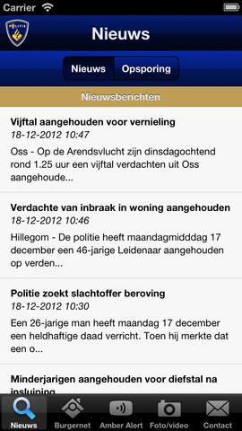 Schermafbeelding van de app Politie.nl met het tabblad Nieuws en politieberichten van december 2012, zoals “Vijftal aangehouden voor vernieling”, en onderaan knoppen voor Burgernet, Amber Alert, Foto/video en Contact.