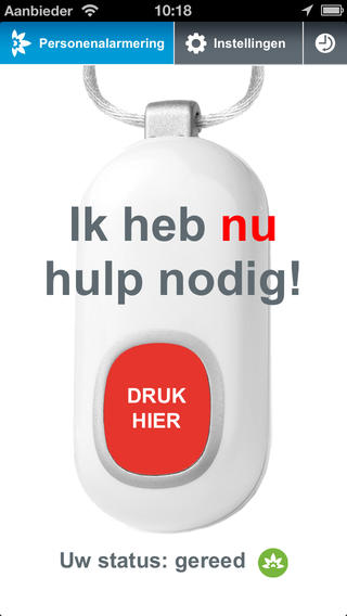 Schermafbeelding van de functie Personenalarmering in de app SOS Alarm, met een witte alarmhanger, de tekst “Ik heb nu hulp nodig!”, een rode knop “DRUK HIER” en “Uw status: gereed”.
