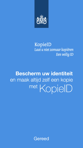 Schermafdruk van de app KopieID met het Rijkswapen op een blauwe achtergrond en de tekst “Bescherm uw identiteit en maak altijd zelf een kopie met KopieID”.