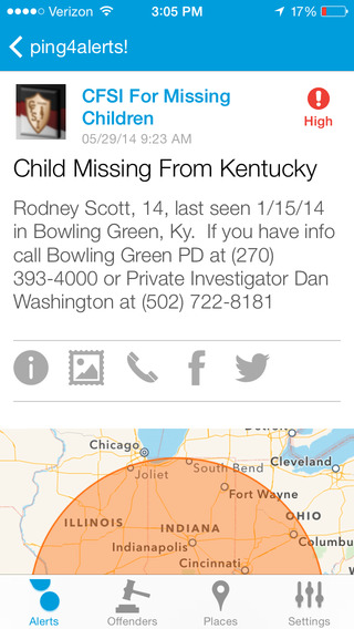 Schermafdruk van een melding in ping4alerts! over een vermist kind in Kentucky met het verzoek om tips aan de politie, knoppen om te delen via Facebook en Twitter en een kaart met een oranje cirkel rond Indiana en omgeving.