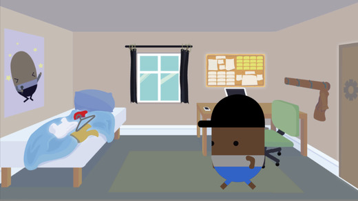 Schermafbeelding van de game Appy Student: een getekend figuurtje met pet staat in een studentenkamer met bed, bureau en prikbord.