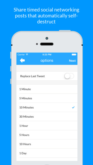 App Store-afbeelding van Xpire met de tekst ‘Share timed social networking posts that automatically self-destruct’. Op het iPhone-scherm kies je na hoeveel tijd een bericht verdwijnt, van 1 minuut tot 1 dag.