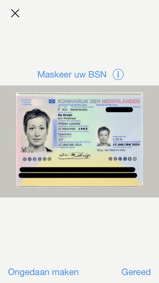 Schermafbeelding van KopieID met een voorbeeldpaspoort waarop het BSN en de onderste regels met zwarte balken zijn afgeschermd, onder de tekst “Maskeer uw BSN”.