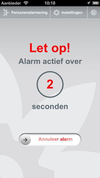 Schermafbeelding van de app SOS Alarm met de waarschuwing “Let op! Alarm actief over 2 seconden” en een schuifknop “Annuleer alarm”.