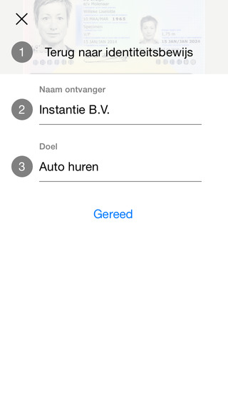 Schermafbeelding van KopieID waarin de naam van de ontvanger (“Instantie B.V.”) en het doel (“Auto huren”) aan de kopie worden toegevoegd.