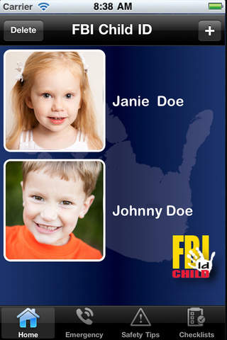 Schermafbeelding van de app “FBI Child ID” met voorbeeldfoto’s van twee kinderen, “Janie Doe” en “Johnny Doe”, en onderin de tabbladen Home, Emergency, Safety Tips en Checklists.