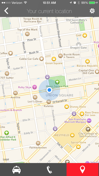 Schermafbeelding van SaferRide met het scherm “Your current location”: een blauwe stip op een stadskaart bij Union Square, met onderaan knoppen voor taxi, bellen en locatie.