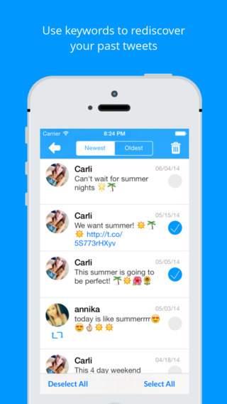 App Store-afbeelding van Xpire met de tekst ‘Use keywords to rediscover your past tweets’. Het iPhone-scherm toont een lijst oude tweets over de zomer die je kunt selecteren en verwijderen.