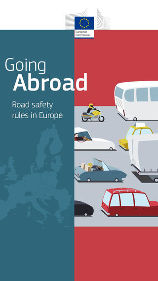 Openingsscherm van de app Going Abroad van de Europese Commissie, met de ondertitel “Road safety rules in Europe” en een tekening van auto’s, een bus en een motorrijder.
