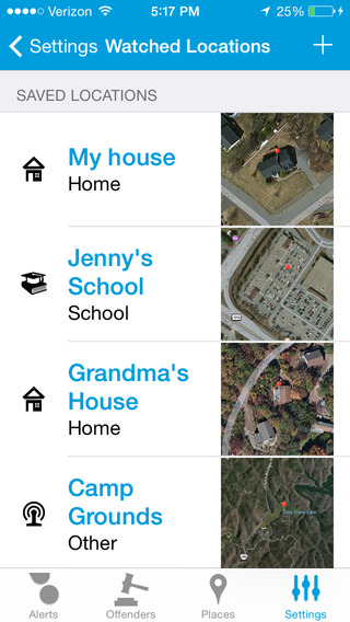Schermafdruk van Watched Locations in ping4alerts! met opgeslagen locaties als My house, Jenny’s School, Grandma’s House en Camp Grounds, elk met een kleine luchtfoto.